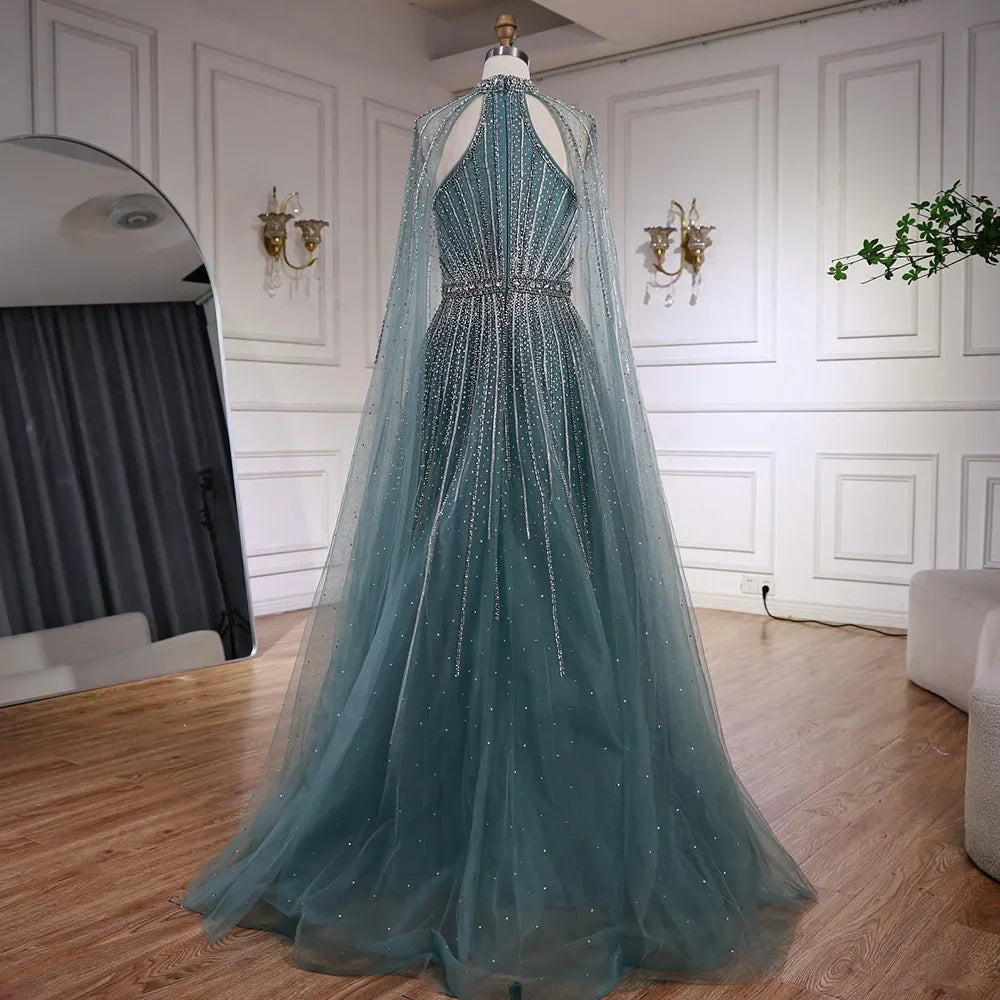 Luxury Beaded A-Line Evening Dress with Cape Sleeves LA73054