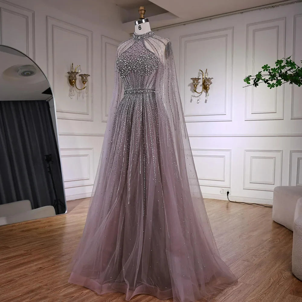 Luxury Beaded A-Line Evening Dress with Cape Sleeves LA73054