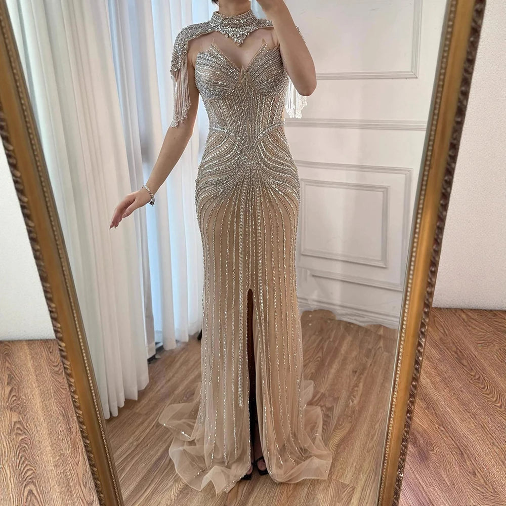 Nude Mermaid Evening Dress with Detachable High Neck Tassel LA72891A