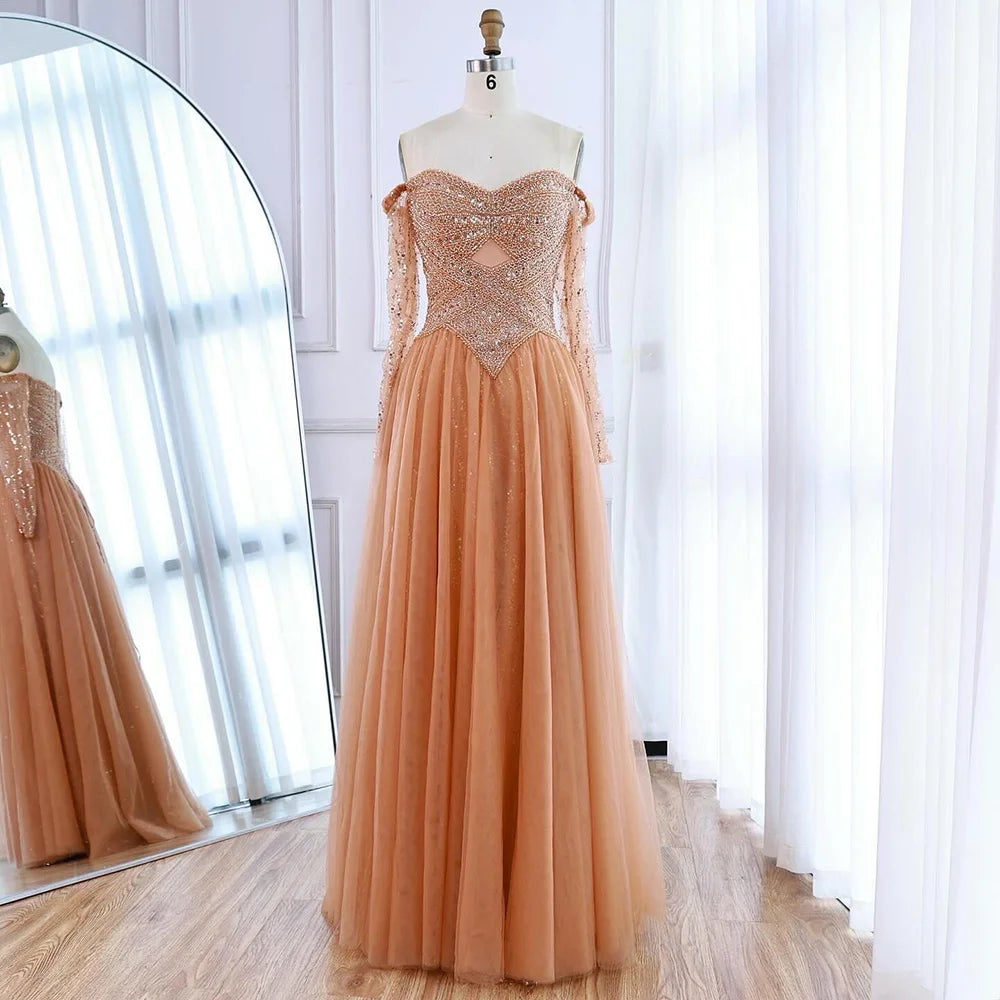 Luxury Nude Off Shoulder A-Line Beaded Evening Dress LA73038