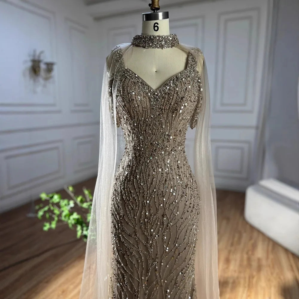Luxury Caramel Beaded Mermaid Evening Gown with Cape Sleeves LA72921
