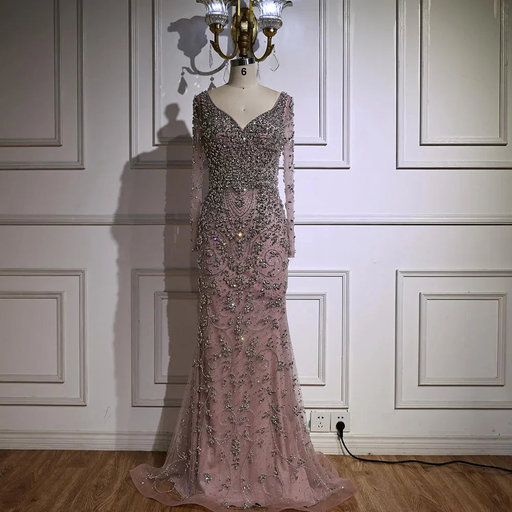 Luxury Nude Beaded Crystal Evening Dress with Long Sleeves LA73042