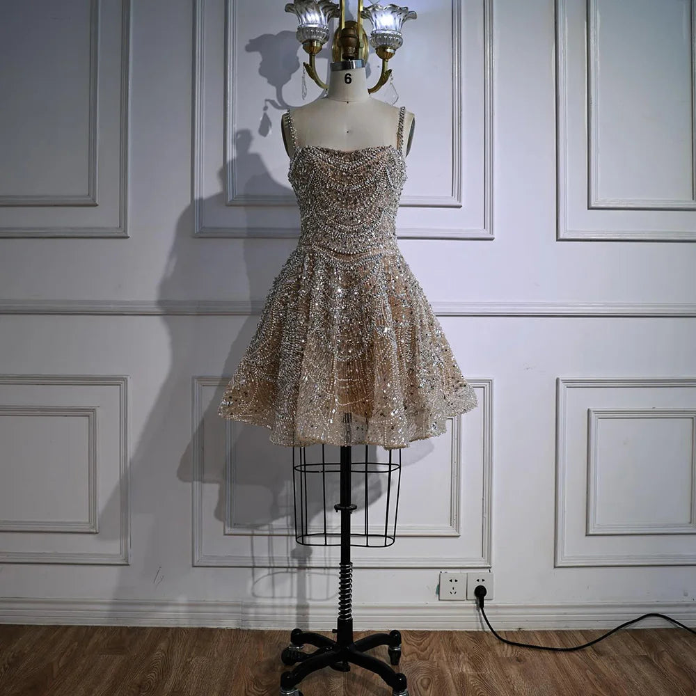 Luxury Nude Crystal Beaded A-Line Short Cocktail Party Dress LA72983