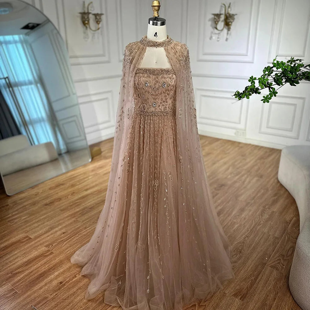Nude Square Neck Beaded A-Line Evening Dress LA72835