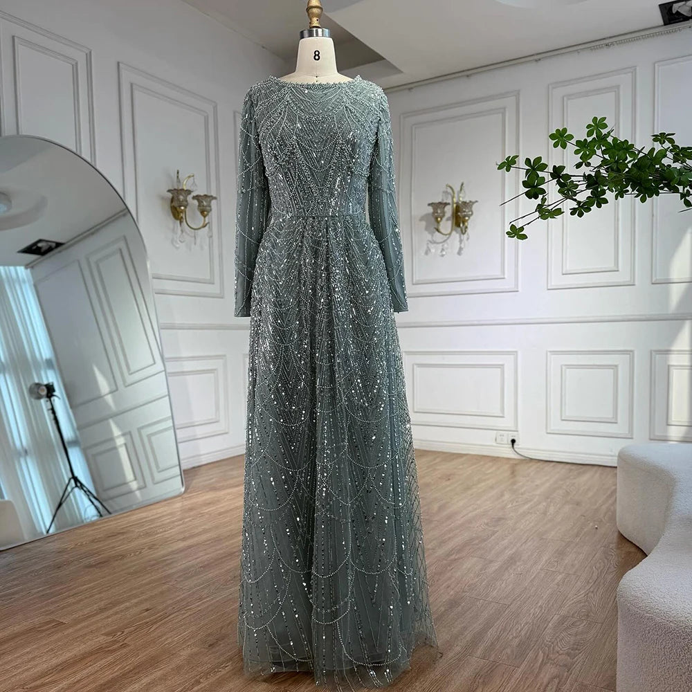 Luxury Olive Green Beaded A-Line Modest Evening Dress LA72738B