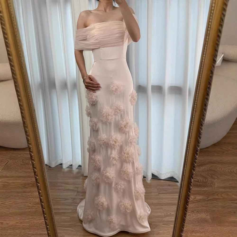 Elegant pink 3D flower off-shoulder evening dress LA72943
