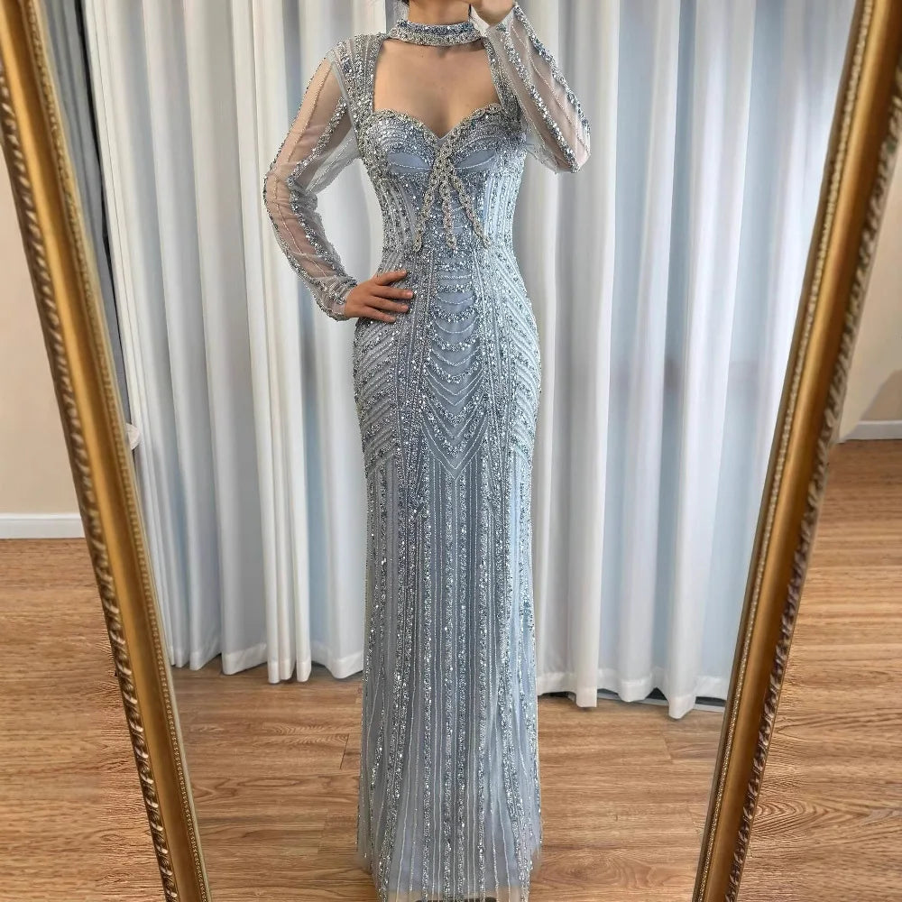Caramel Beaded Mermaid Evening Dress with Long Sleeves LA72560B