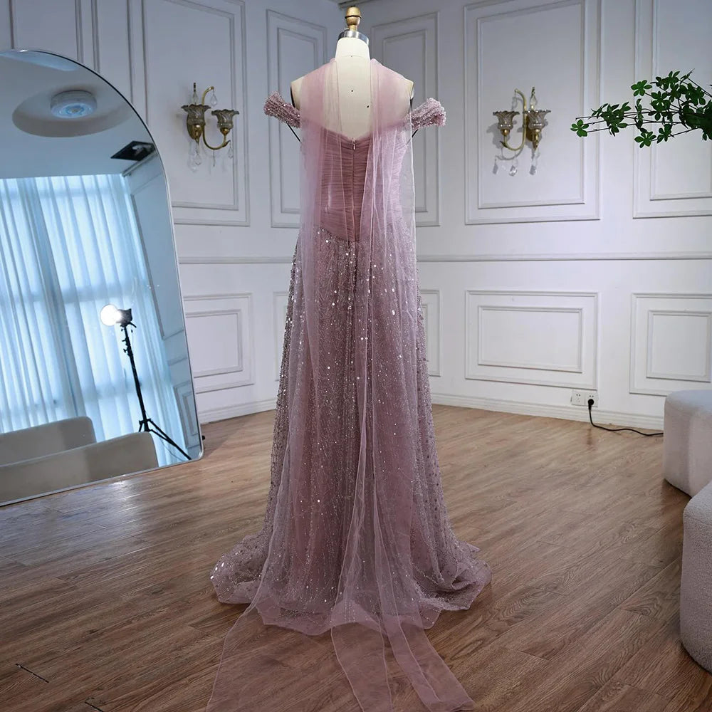 Luxury Arabic Pink Pearls Beaded Evening Dress With Cape LA72922