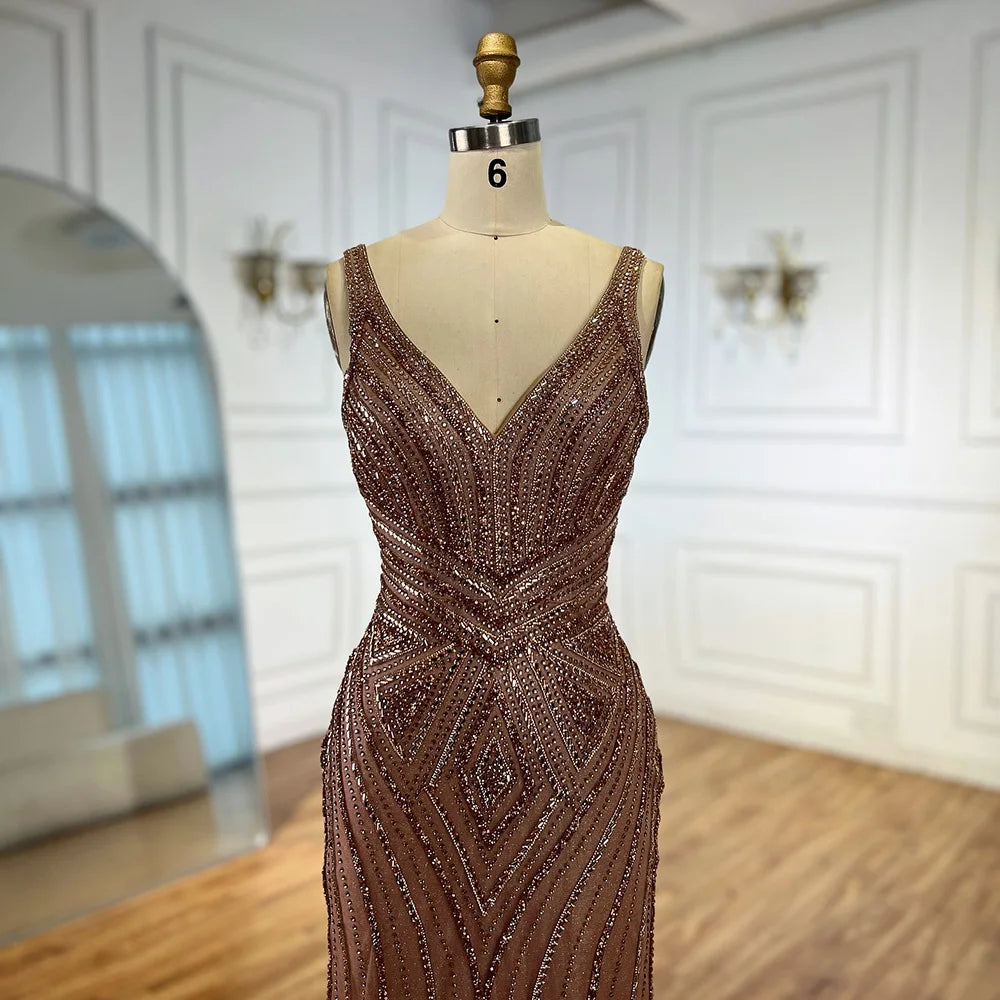 V Neck Beaded Sleeveless Mermaid Evening Dress LA73013