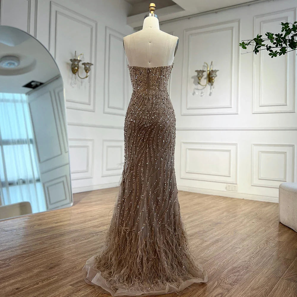 Luxury Blue Feather Beaded Evening Dress with Side Skirt LA72695