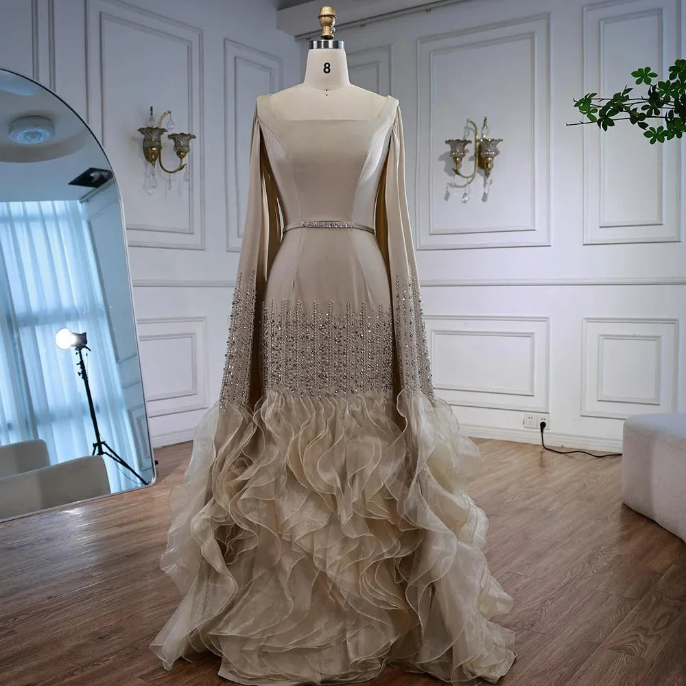 Elegant Nude Beaded Evening Dress with Cape Sleeves LA72317C