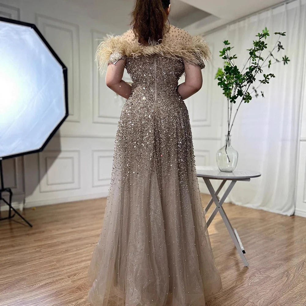 Luxury Caramel Feather Beaded A-Line Evening Dress LA71720