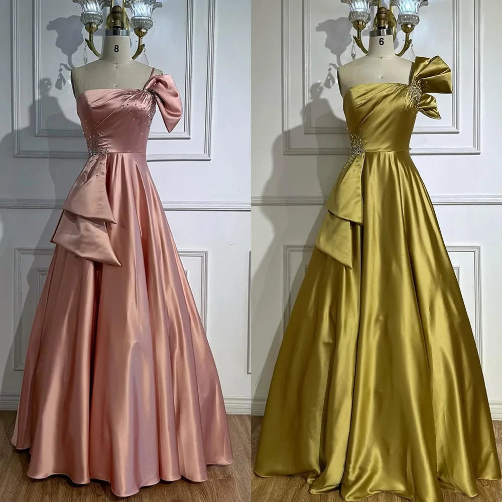 Luxury Yellow Satin One Shoulder A Line Evening Dress LA72794