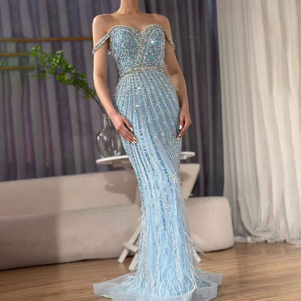 Luxury Dubai Caramel Spaghetti Strap Mermaid Gown Feathers Beaded Luxury Saudi Evening Dress for Formal Occasion LA72715