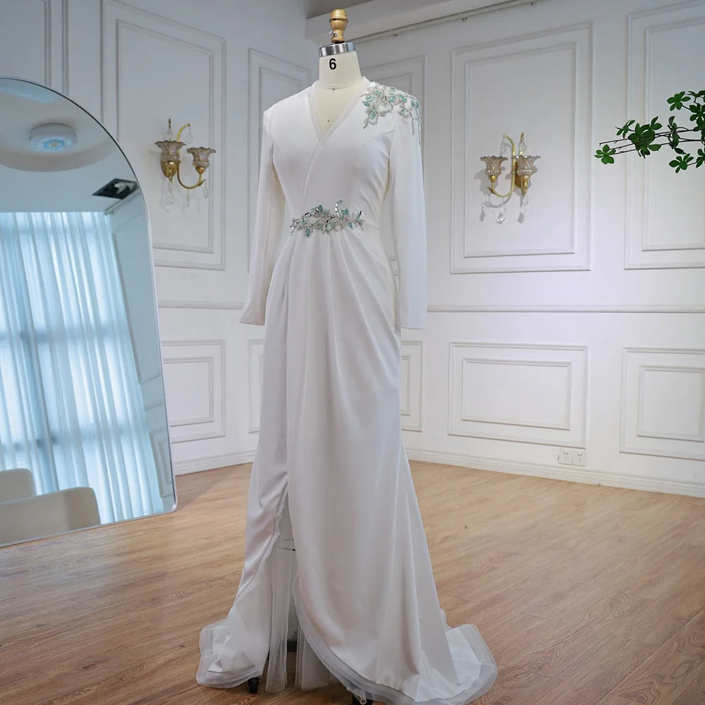Elegant White Floral Beaded Evening Dress with Slit LA73030