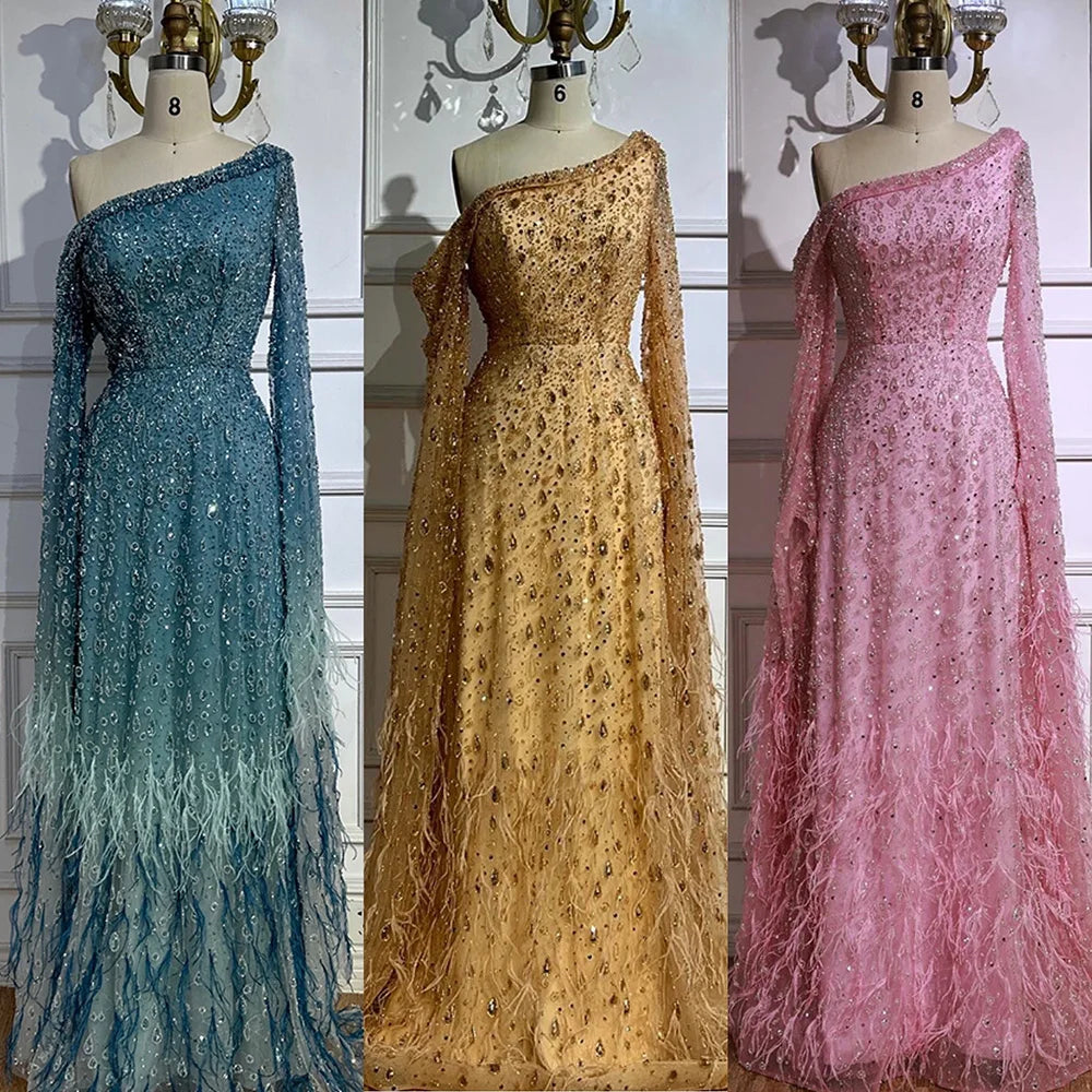 Luxury Feather One Shoulder Evening Dress with Cape Sleeves LA72763