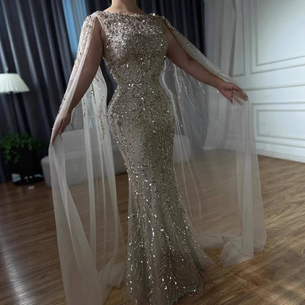 Luxury Caramel Beaded Evening Dress with Cape Sleeves LA73078