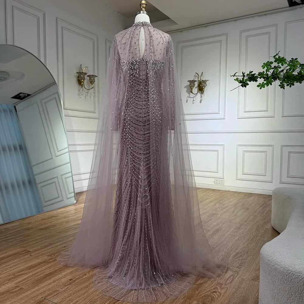 Luxury Pink Beaded Cape Sleeve Arabic Evening Dress LA73134