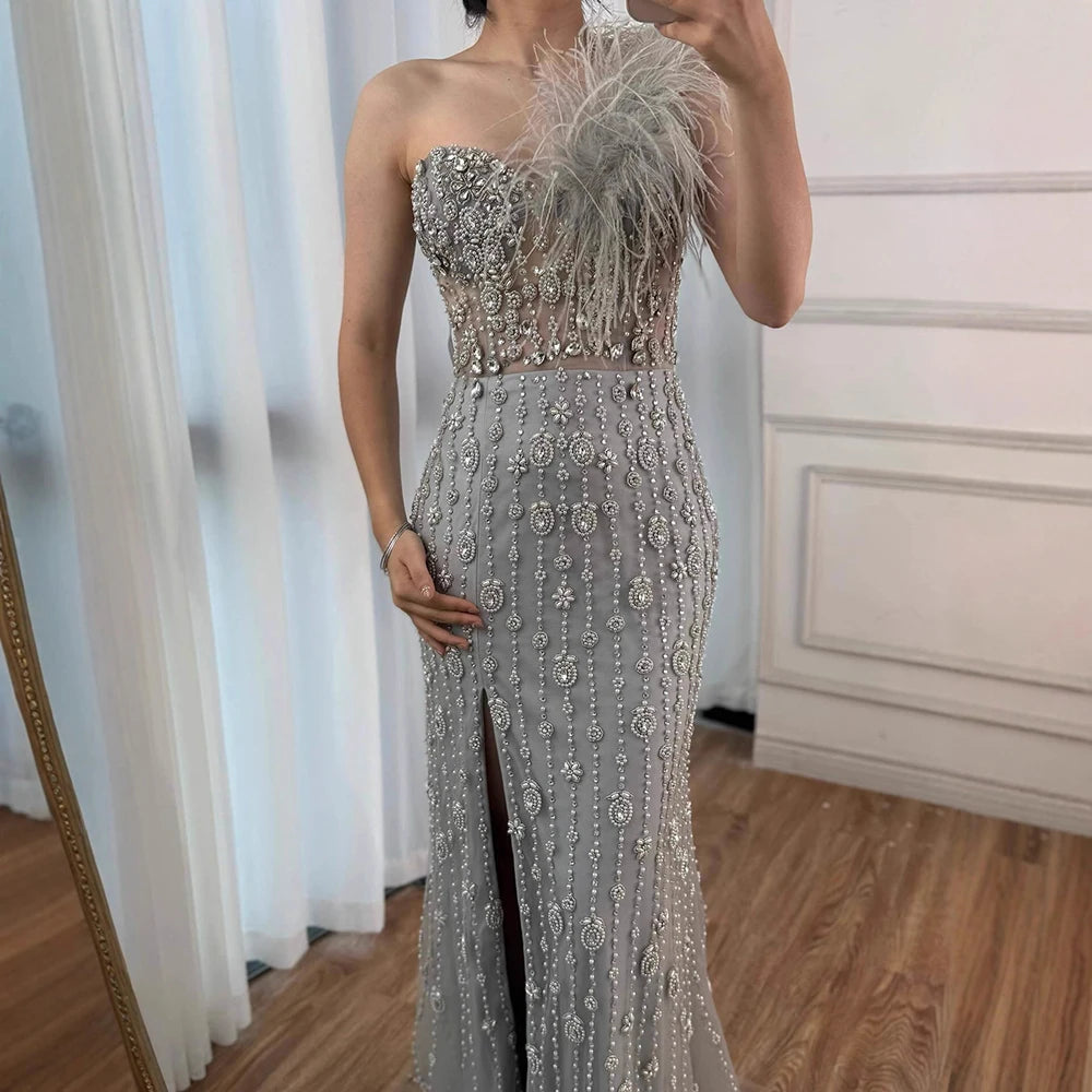 Luxury Gray One Shoulder Mermaid Beaded Feather Evening Dress LA72347