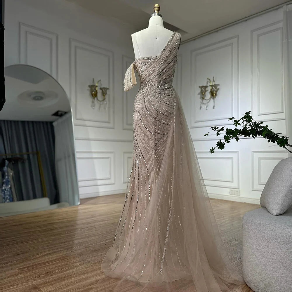 Luxury Dubai Arabic Pink Mermaid Elegant One Shoulder Beaded Long Evening Dresses Gowns for Formal Occasion LA72662A