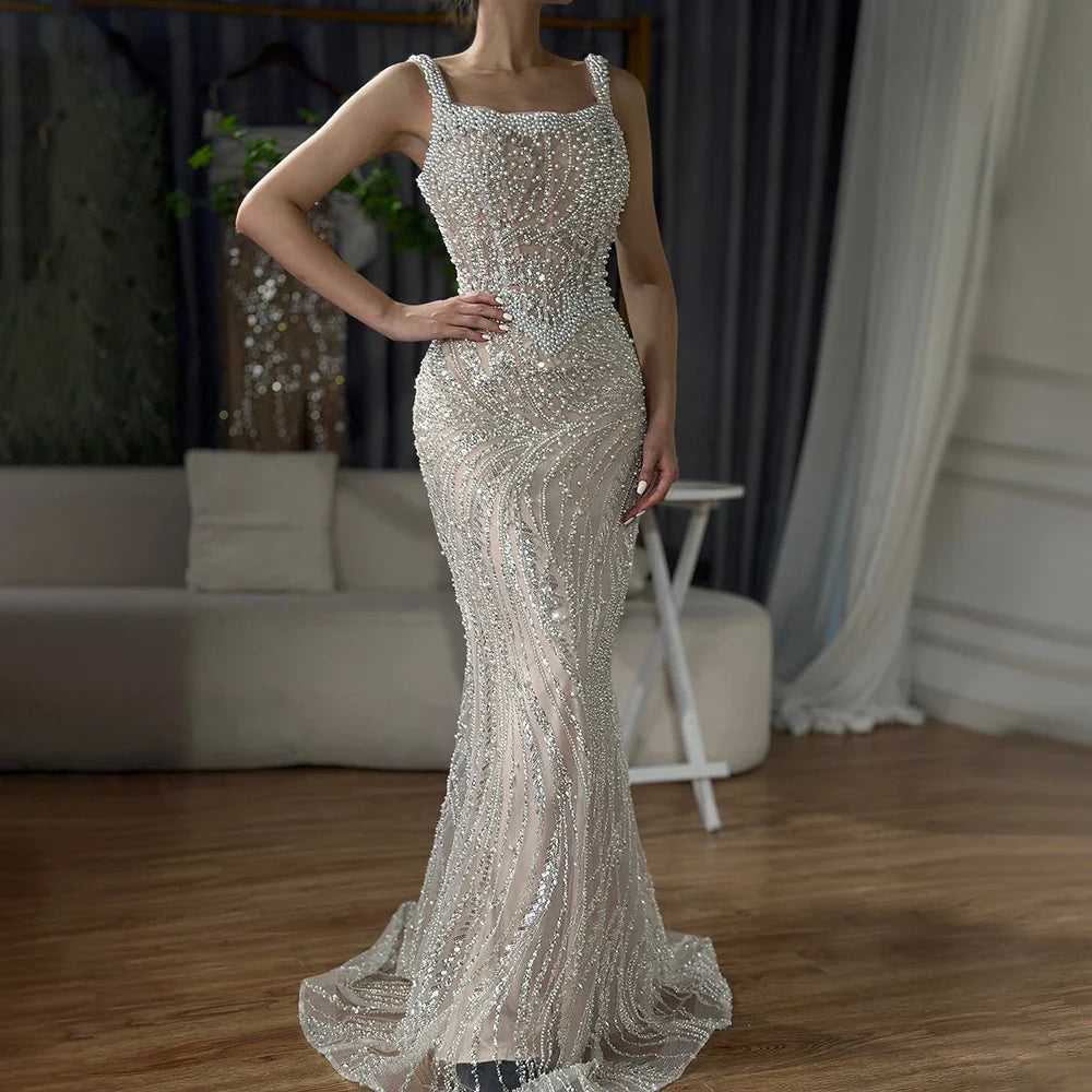 Luxury White Nude Pearl Beaded Mermaid Evening Dress LA72266