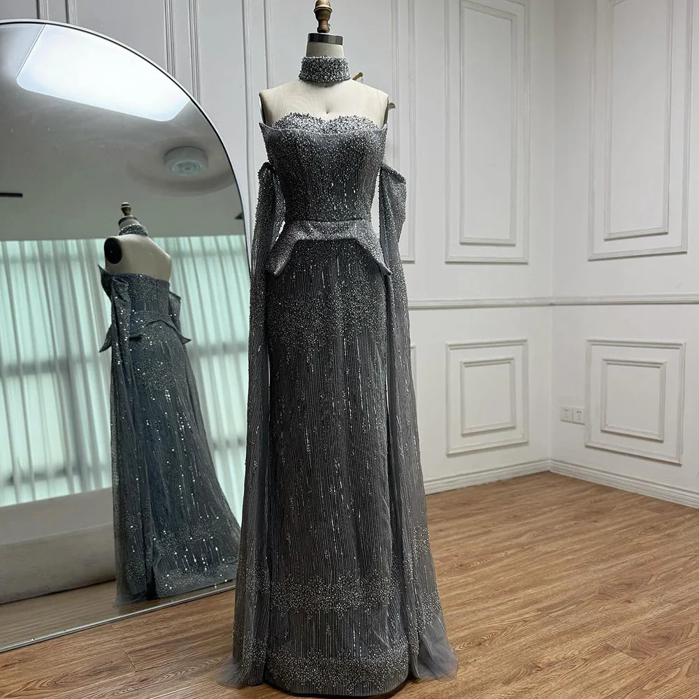 Luxury Gray Beaded Off-Shoulder Evening Dress with Cape Sleeves LA73076