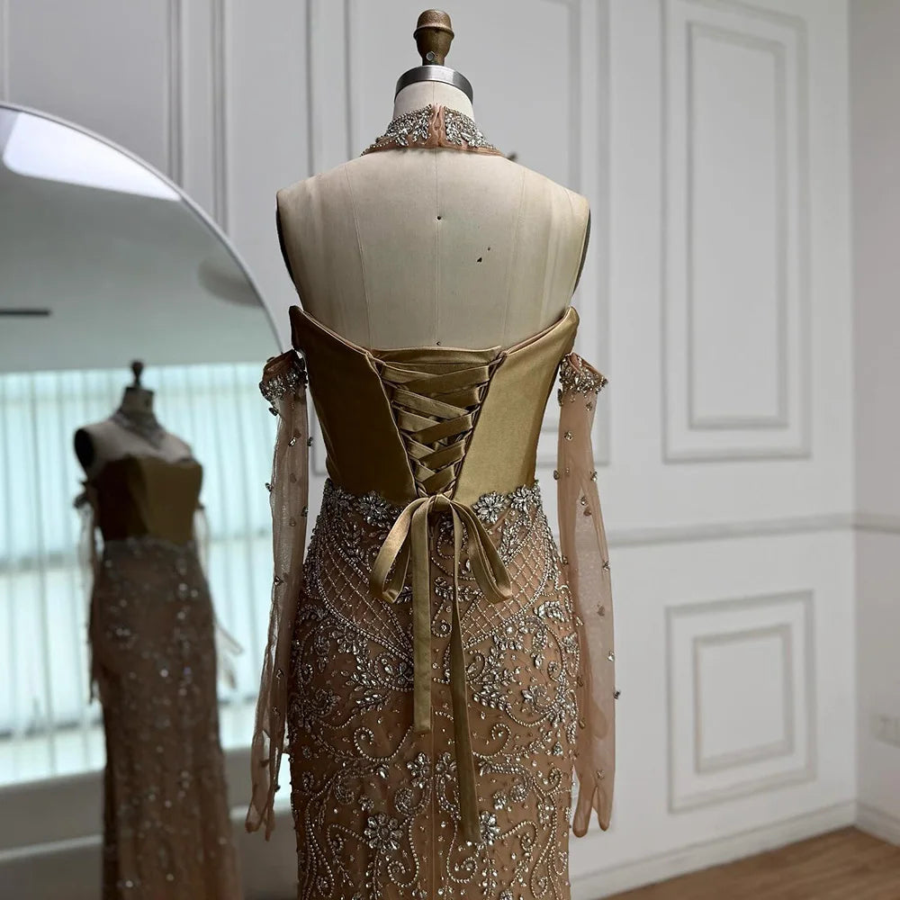 Luxury Beaded Corset Evening Dress Sheer Long Gloves LA72929