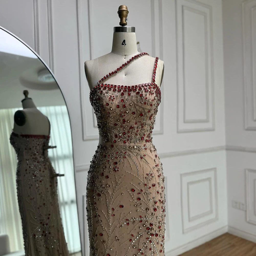 Luxury Red Saudi Arabic Crystal Beaded One Shoulder Evening Dress LA73135