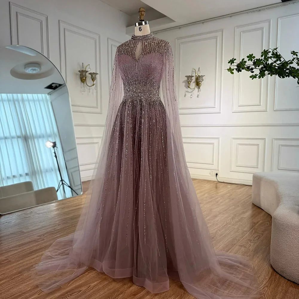 Luxury Modest Blue Beaded Evening Dress with Cape LA73059