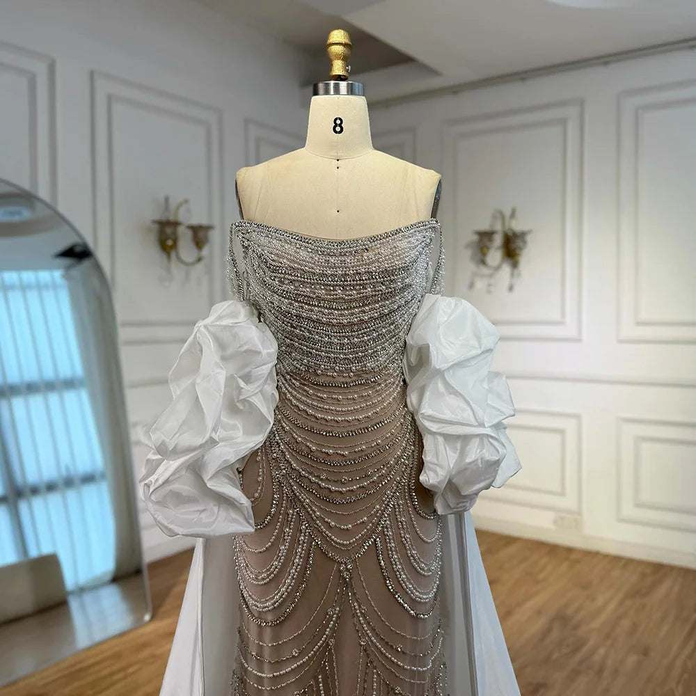 White Nude Beaded Mermaid Evening Dress with Satin Cape LA72253B