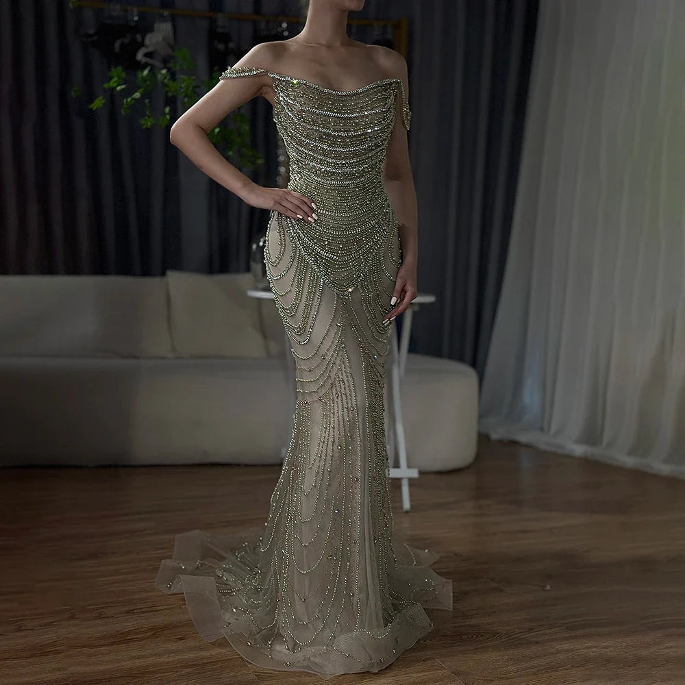 Luxury Crystal Silver Gray Pearl Beaded Evening Dress LA72253