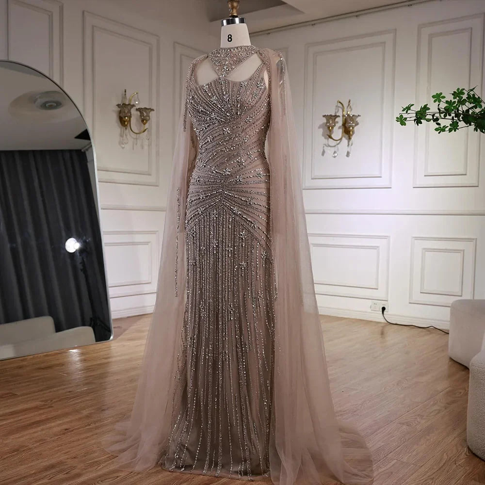 Luxury Caramel Mermaid Evening Dress with Cape Sleeves LA73052