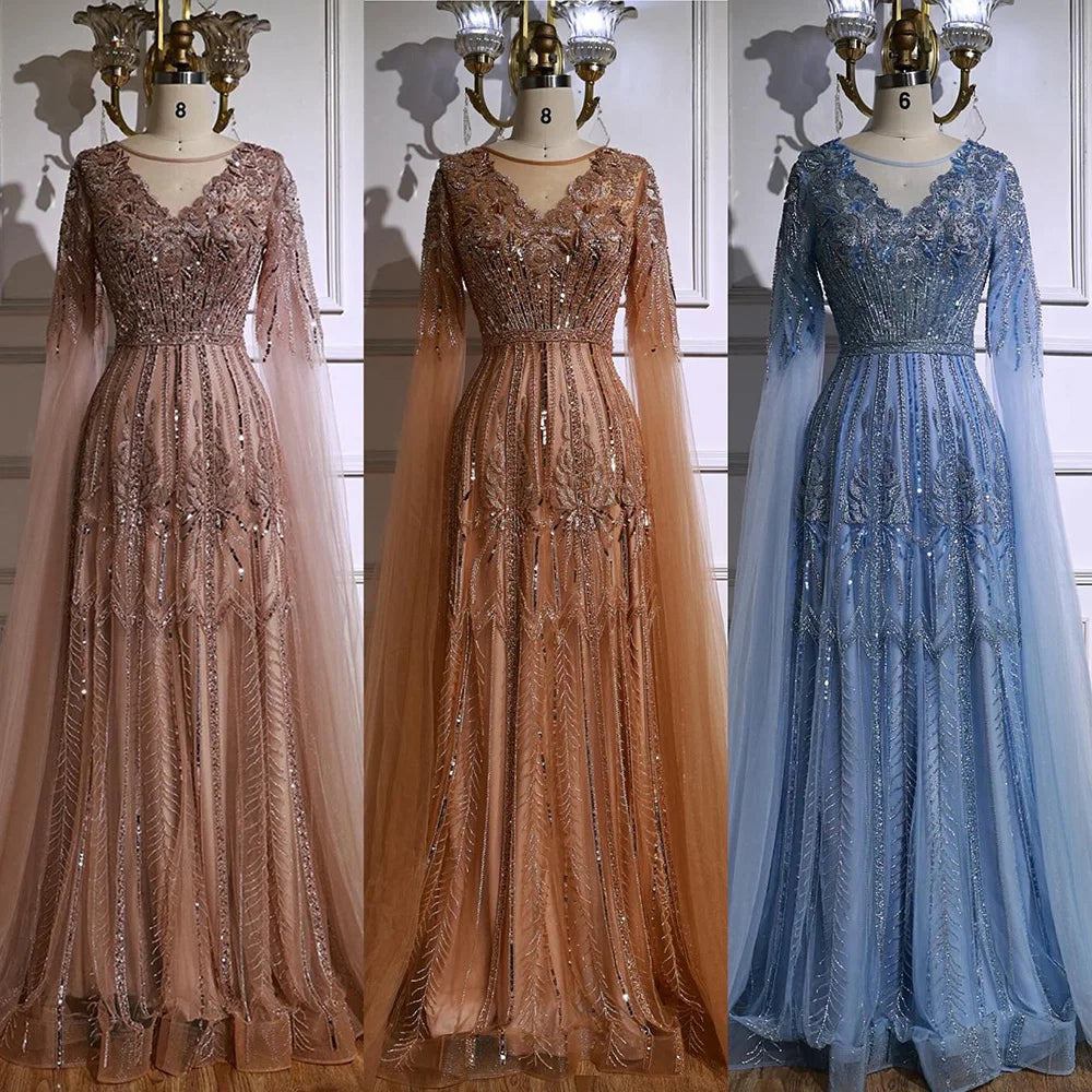 Elegant Beaded A-Line Evening Dress with Cape Sleeves LA73056