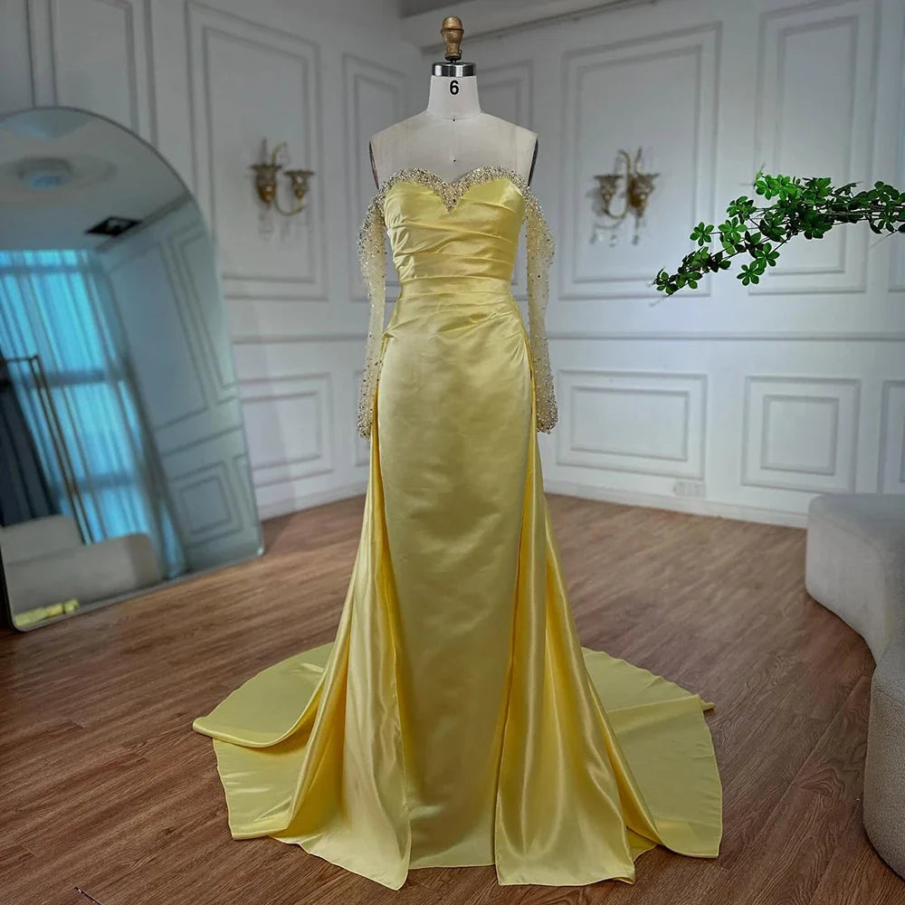 Elegant Yellow Mermaid Beaded Evening Gown with Detachable Sleeves LA72777