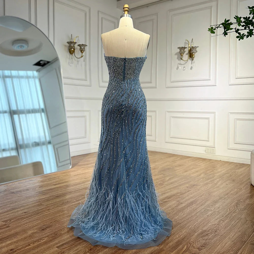 Luxury Blue Feather Beaded Evening Dress with Side Skirt LA72695