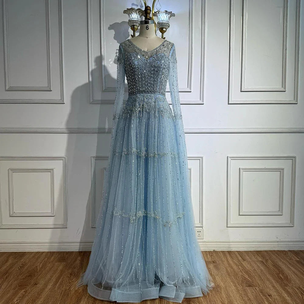 Elegant A-Line Beaded Evening Dress with Cape Sleeves LA73075