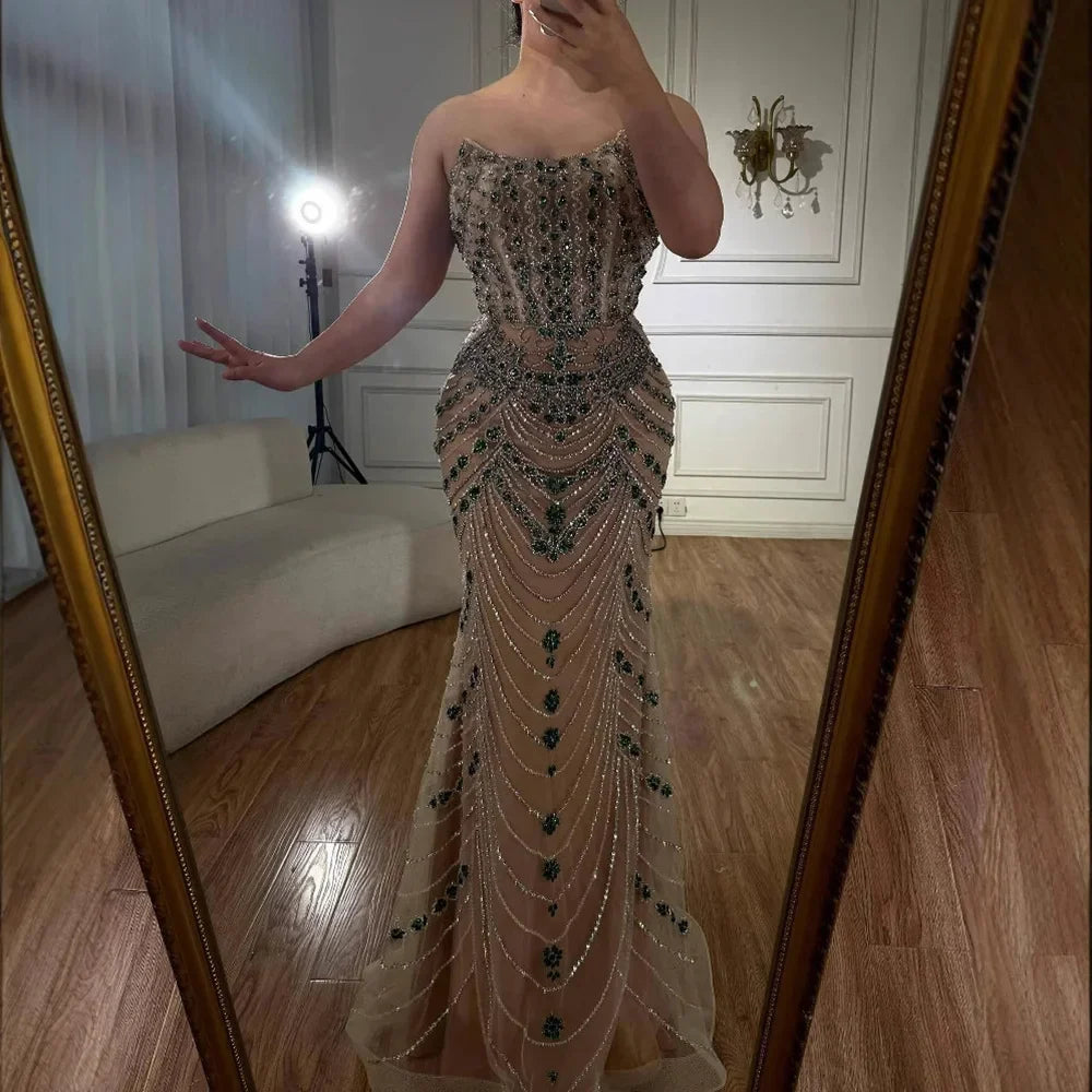 Luxury Green Beaded Saudi Arabic Evening Gown for Formal Occasion LA72842