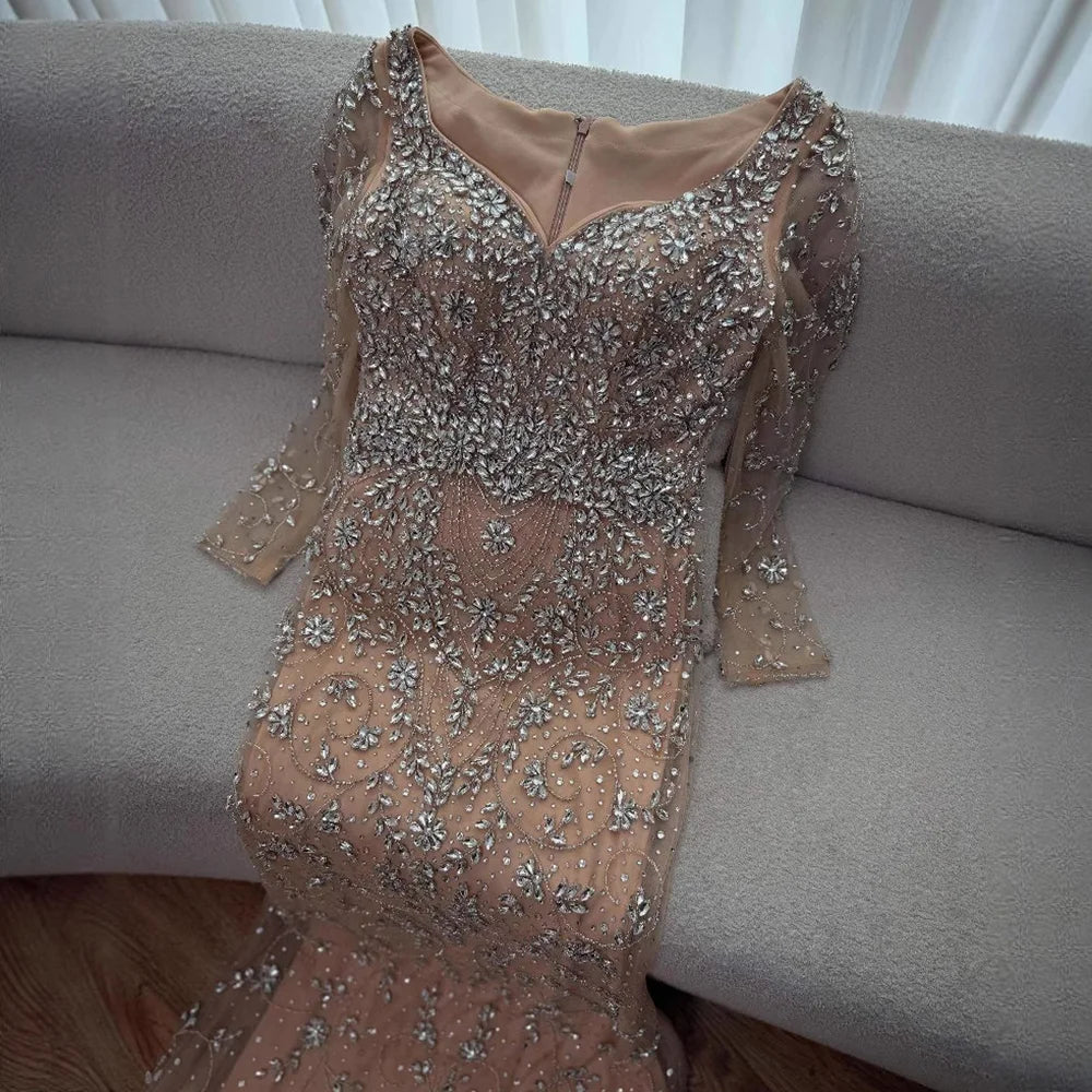 Luxury Nude Beaded Crystal Evening Dress with Long Sleeves LA73042