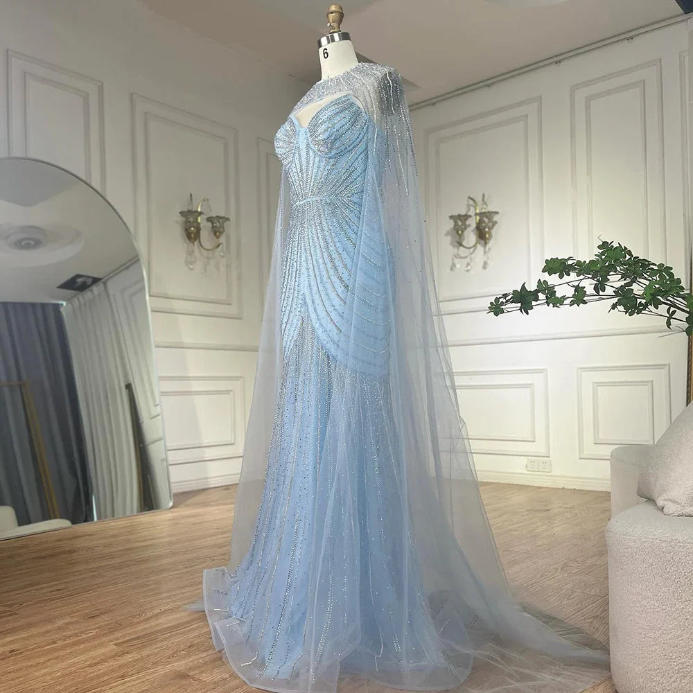 Luxury Dubai Arabic Blue Spaghetti Straps Beaded Evening Gown with Detachable Cape Dress for Formal Occasion LA72784