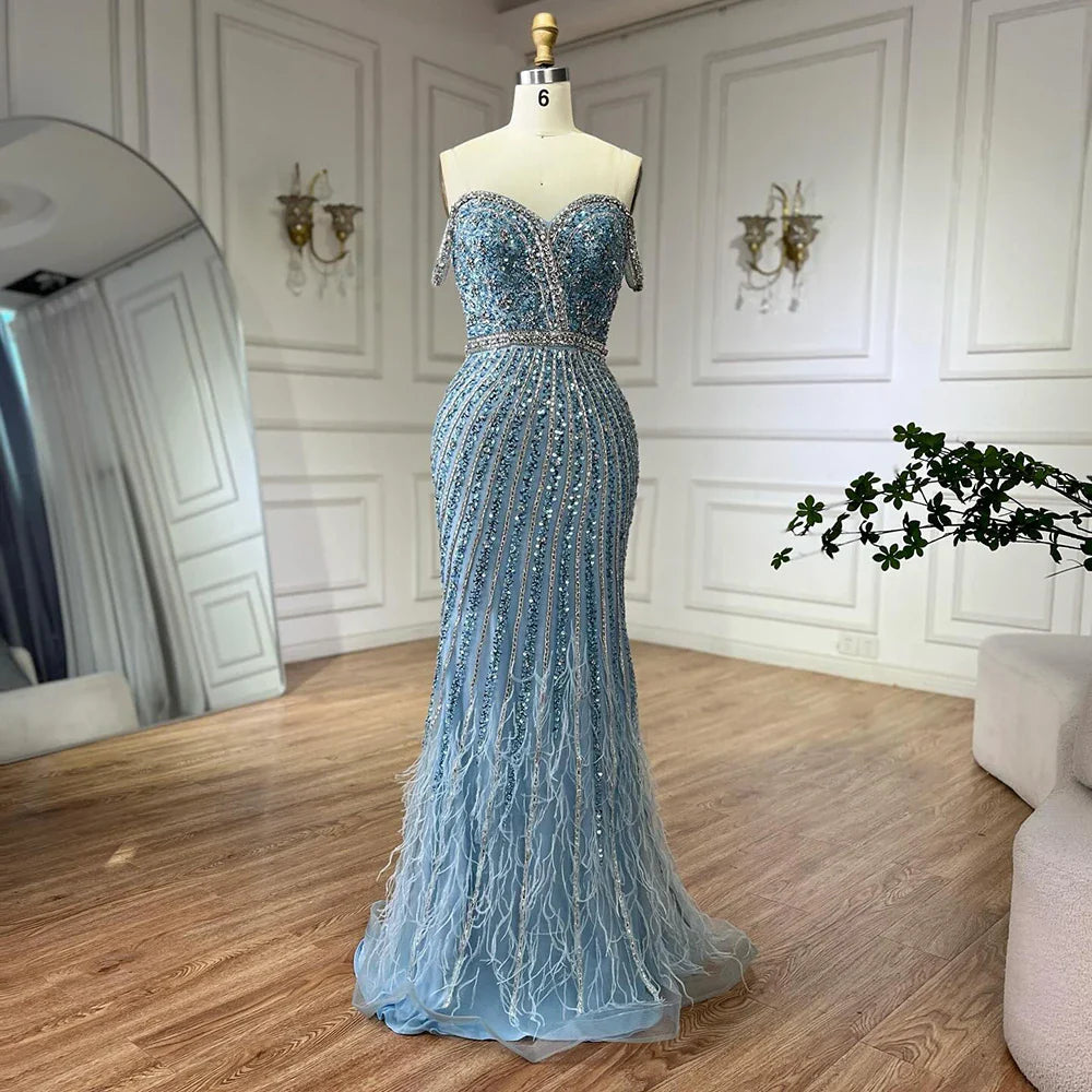 Luxury Dubai Caramel Spaghetti Strap Mermaid Gown Feathers Beaded Luxury Saudi Evening Dress for Formal Occasion LA72715