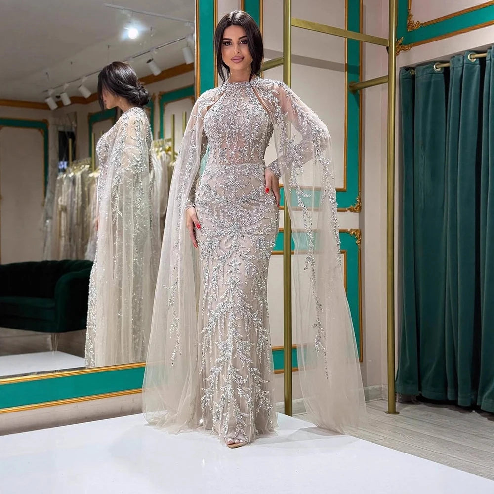 Luxury Caramel Arabic Beaded Mermaid Evening Dress with Cape Sleeves LA72652