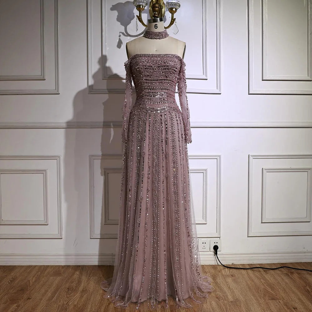 Luxury Caramel Off Shoulder Beaded Mermaid Evening Dress Long Sleeves LA73053
