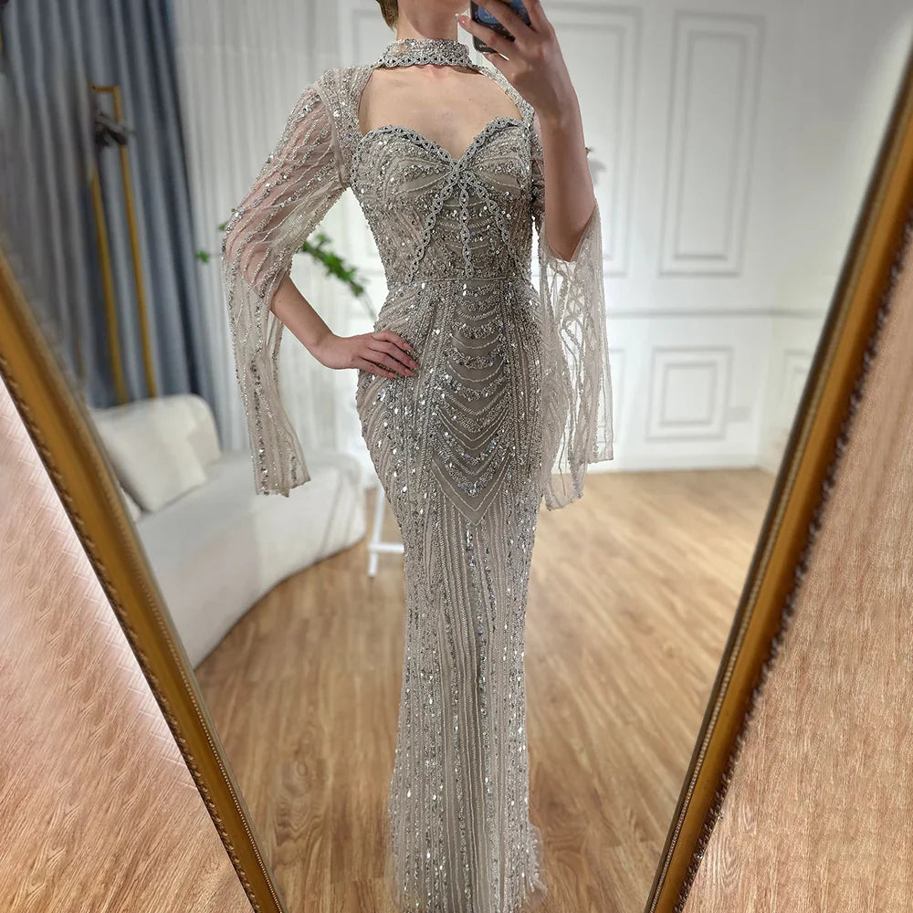 Serene Hill Luxury Dubai Nude Sweetheart Mermaid Beaded Evening Gowns with Back Split for Women's Party LA72560A