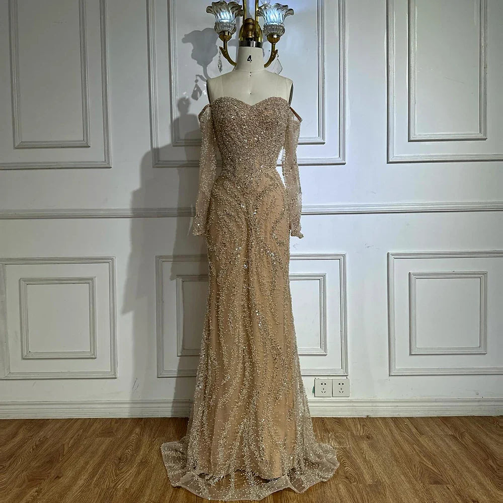 Luxury Beaded Evening Dress Off-Shoulder Long Sleeves Sequins LA72824A