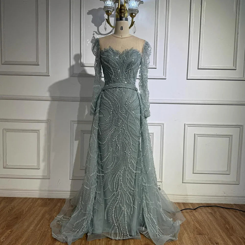 Luxury Sage Green Beaded Evening Dress with Detachable Overskirt LA73066