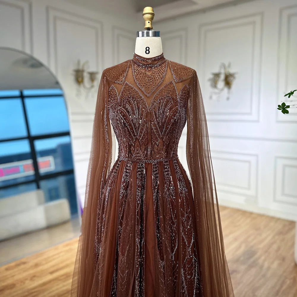 Luxury Brown Beaded Evening Gown with Cape Arabic Style LA72951