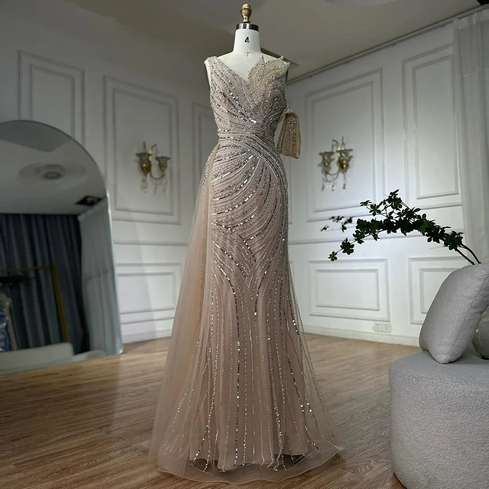 Luxury Dubai Arabic Pink Mermaid Elegant One Shoulder Beaded Long Evening Dresses Gowns for Formal Occasion LA72662A