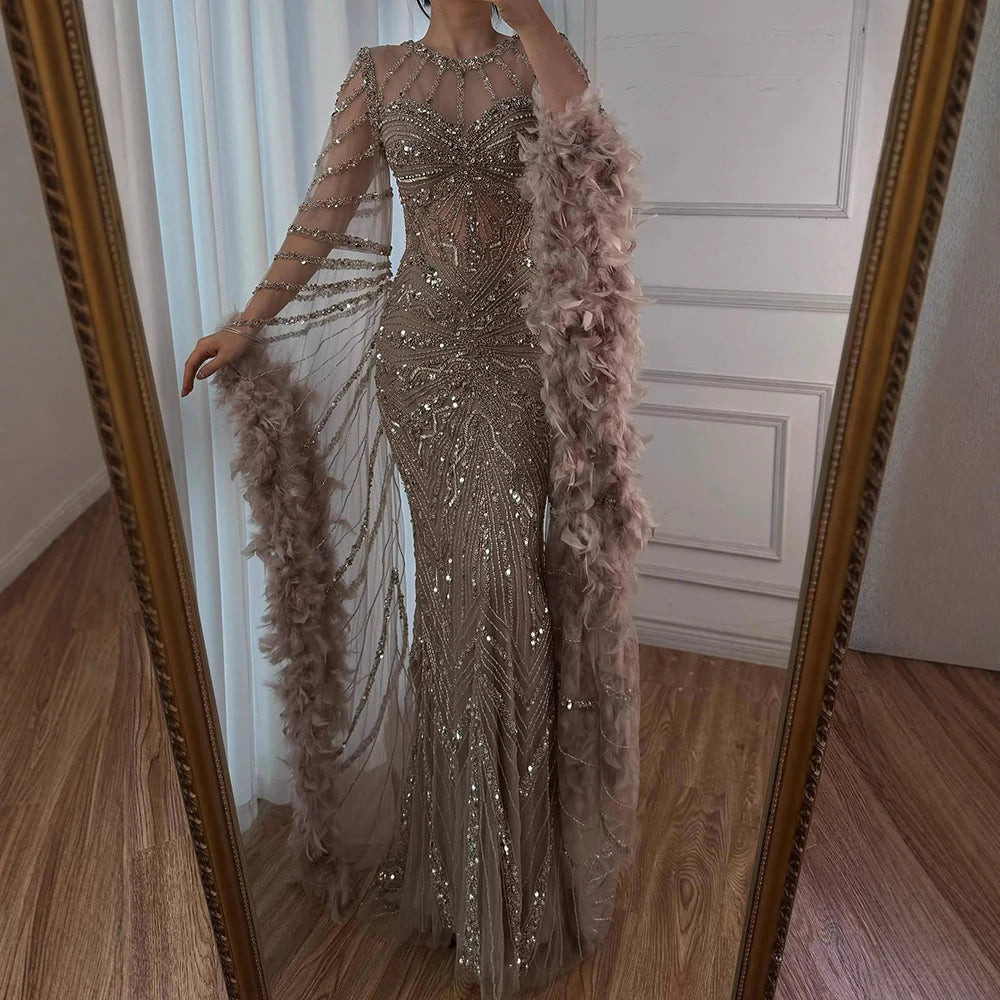 Luxury Modest Caramel Feather Long Cape Sleeves Mermaid Evening Dress LA72708A