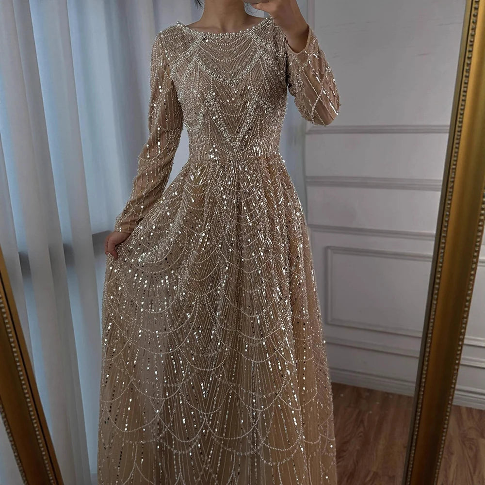 Luxury Olive Green Beaded A-Line Modest Evening Dress LA72738B