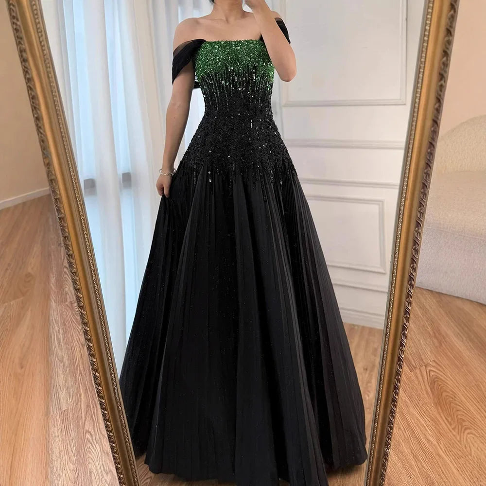 Luxury Beaded Black Green Off Shoulder Dubai Evening Dress for Party LA72406
